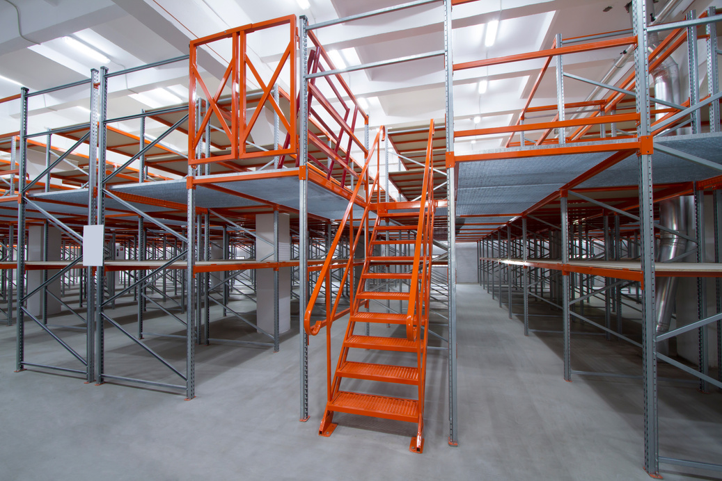 High-rise racks with ladder. Mezzanine shelves.